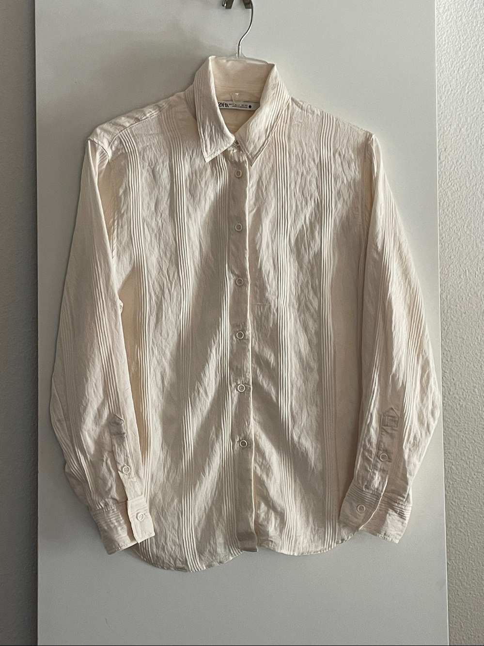 ZARA Ivory Lightweight Textured Striped Satin Button Down Shirt Blouse Top